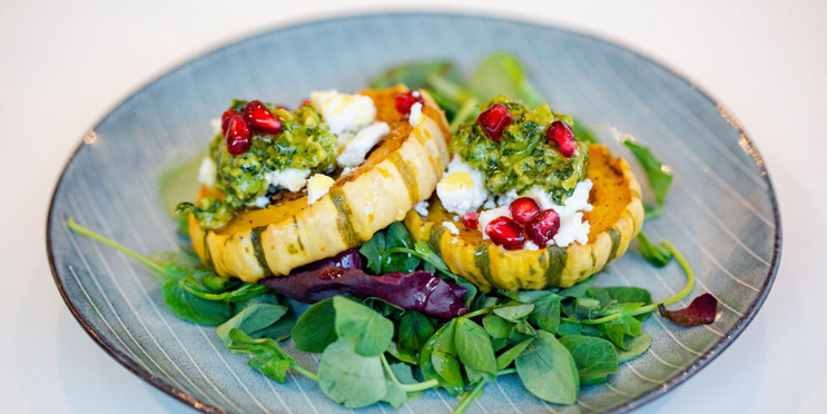 Roast squash with feta and basil hazelnut pesto