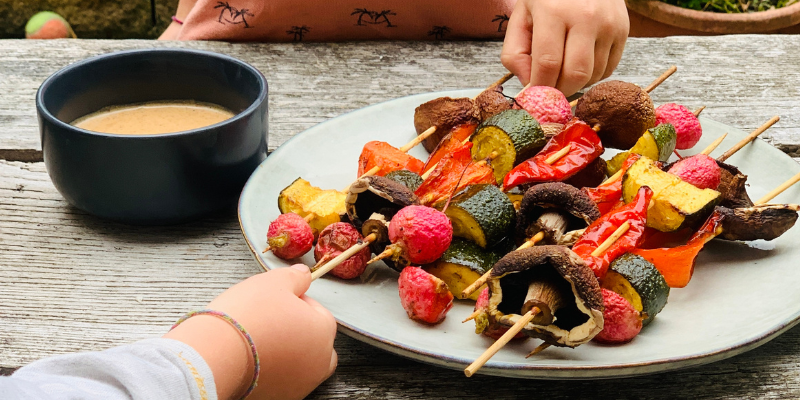 Summer Vegetable Skewers with Coconut Peanut Dipping Sauce