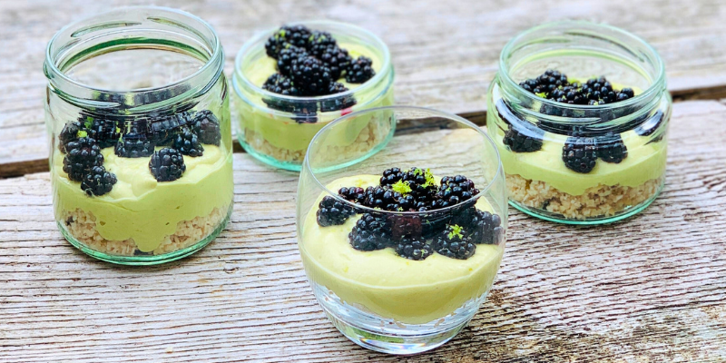 Summer Lime Mousse with fresh blackberries and macadamia coconut crumble