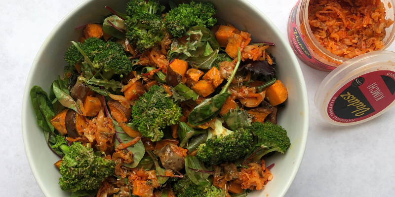 Warm Broccoli and Sweet Potato Salad with Kimchi